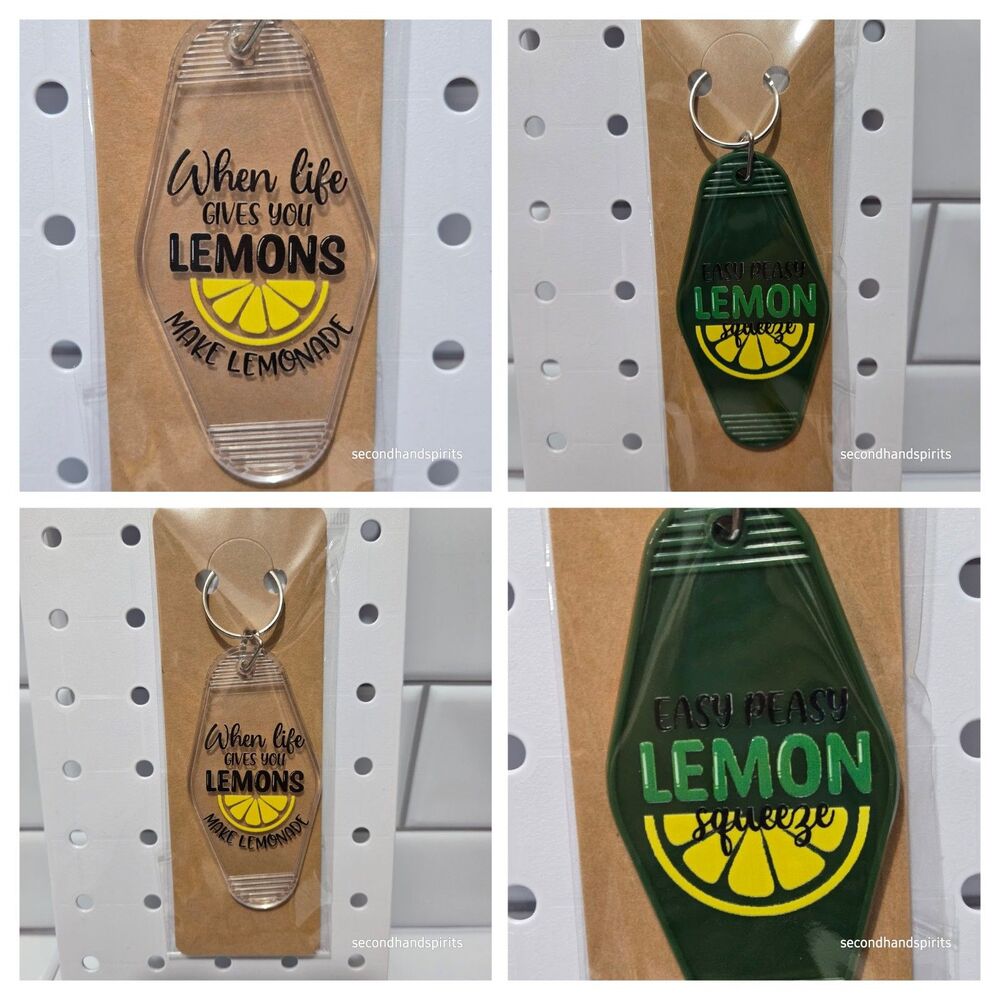 Set of 2 Lemon Motel Keychains Retro Acrylic Yellow Green Bag Charms Keyrings